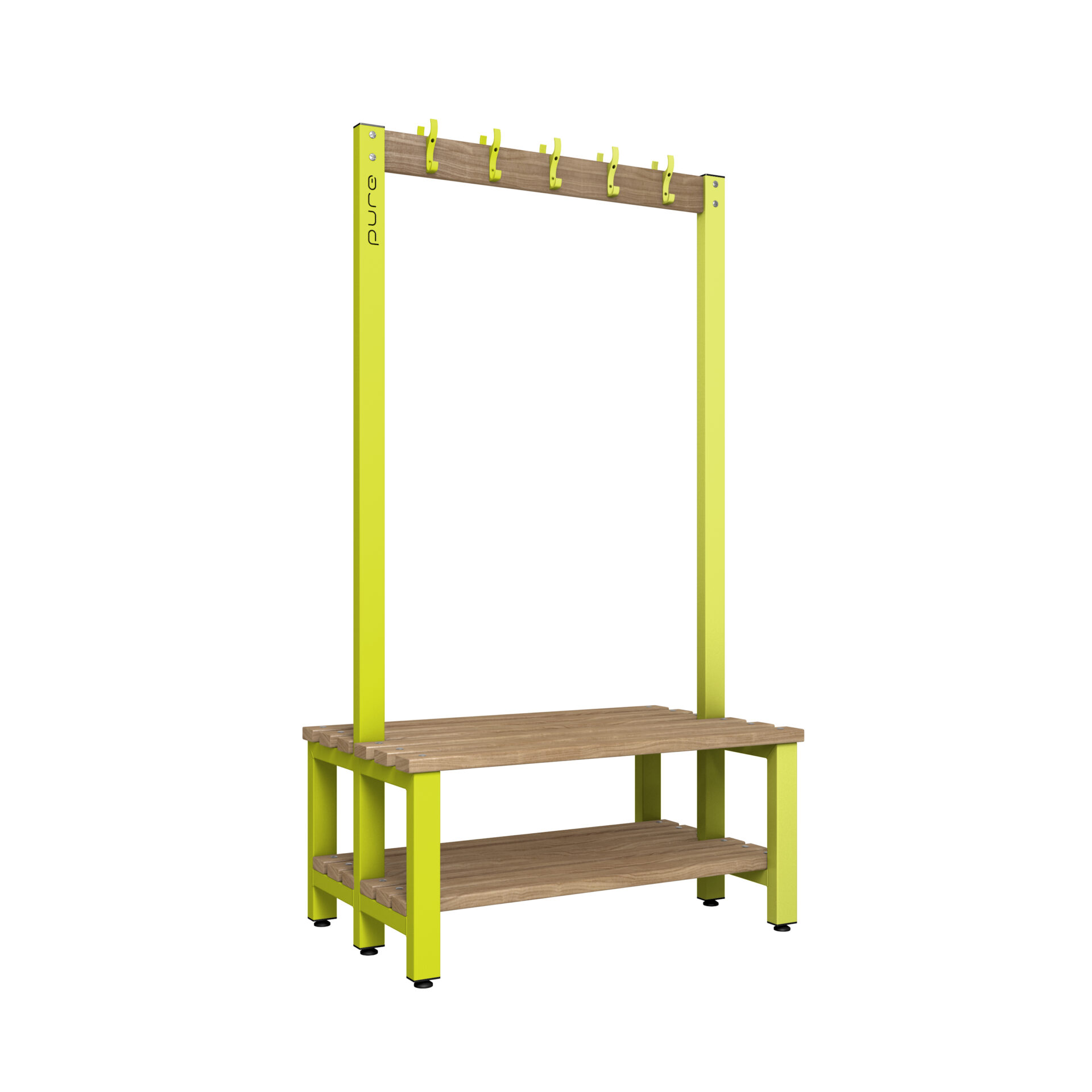 Pure Carbon Zero Double Sided 1000mm 10 Hook Bench With Shoe Shelf - Lime Light / Solid Timber