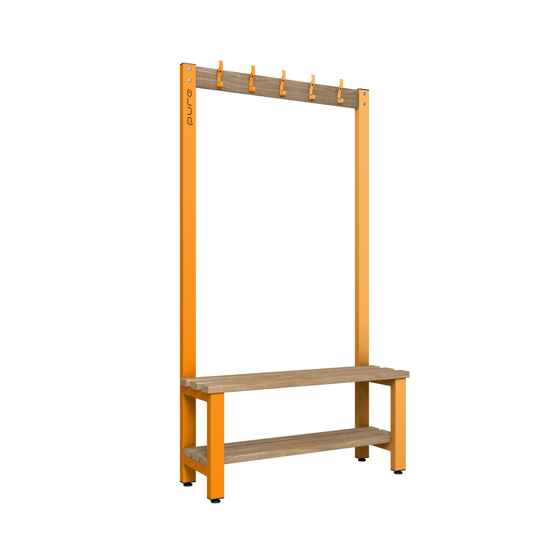 Pure Carbon Zero Single Sided 1000mm 5 Hook Bench With Shoe Shelf - Magma Orange / Solid Timber