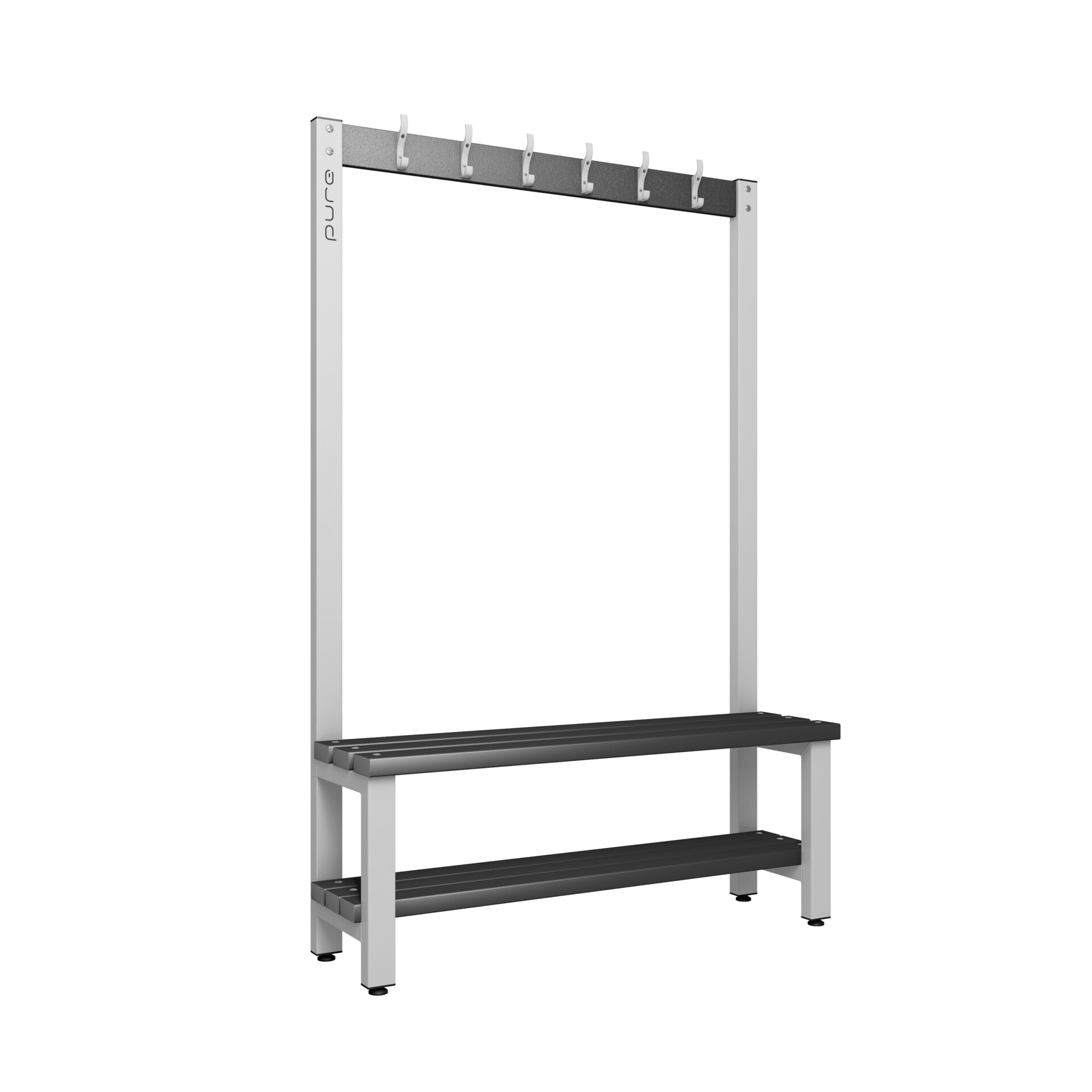 Pure Carbon Zero Single Sided 1200mm 6 Hook Bench With Shoe Shelf - Pearl Silver / Black Polymer