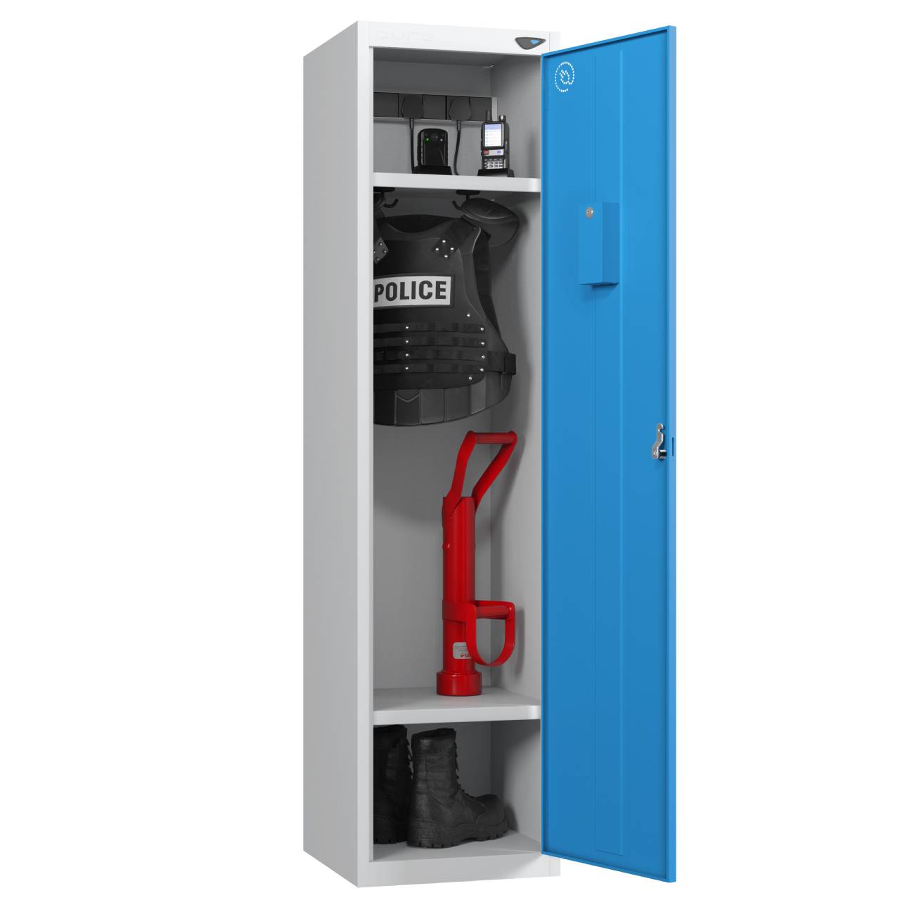 Pure Power 1 Door Police Emergency Service Locker, Silver Carcass, Blue Door